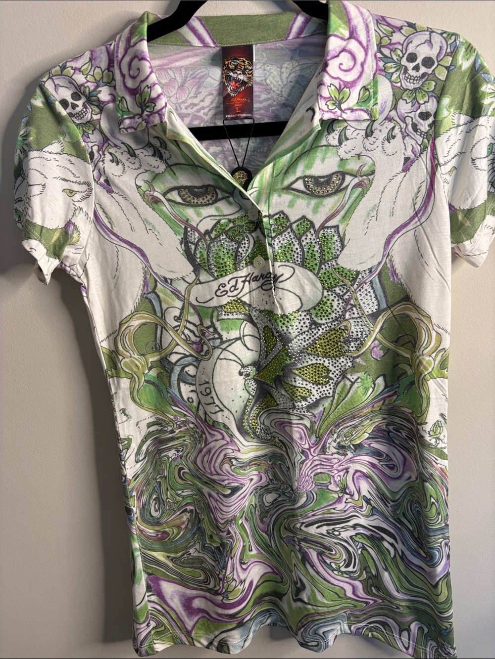 Ed Hardy White, Green & Purple Graphic Polo Button-Down
